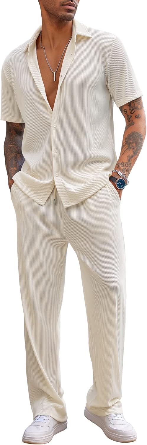 COOFANDY Men’s 2 Piece Outfit Casual Short Sleeve Button Down Shirt Beach Summer Loose Pant Sets